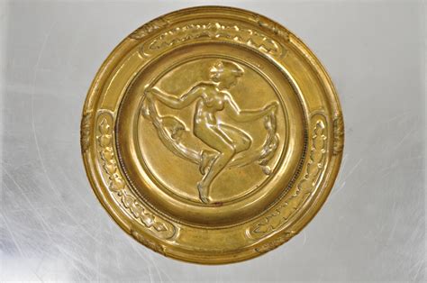Antique Bronze Neoclassical Art Nouveau Round Dish With Nude Female