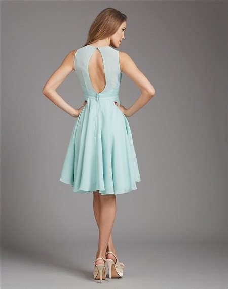 A Line Scoop Neck Open Back Short Light Blue Chiffon Bridesmaid Dress