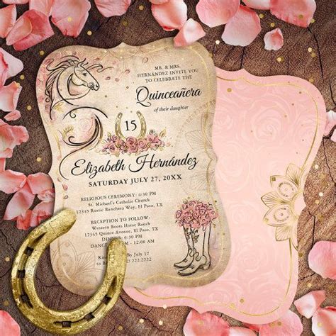 Blush White Gold Charro Floral Boot Quinceanera In Invitation Zazzle