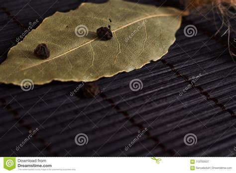 Hoja De Laurel Y Pimienta Negra En Un Fondo Negro Imagen De Archivo