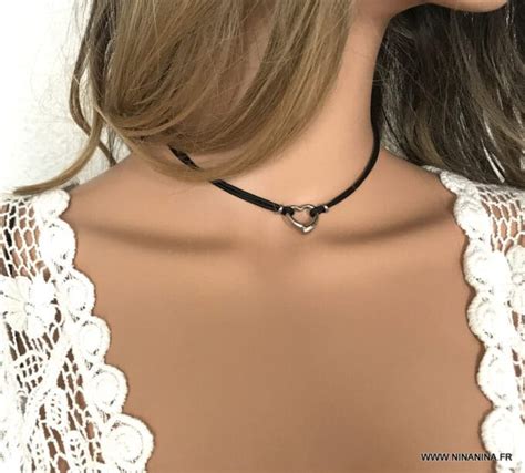 Collier Cuir Ras De Cou Femme Coeur Acier Inoxydable Argent Ninanina