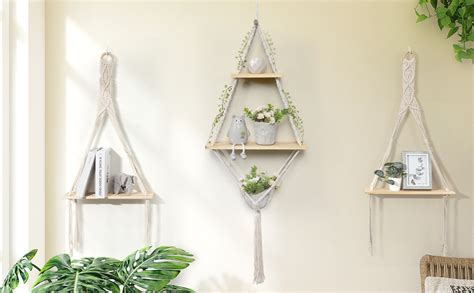 Afuly Macrame Floating Shelves 2 Tiers Hanging Shelf Natural Wood Wall