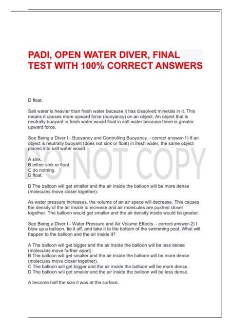 PADI, OPEN WATER DIVER, FINAL TEST WITH 100% CORRECT ANSWERS - PADI ...