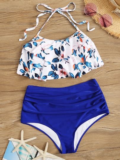 Floral Flounce Halter Top With Ruched Bikini Set Swswim