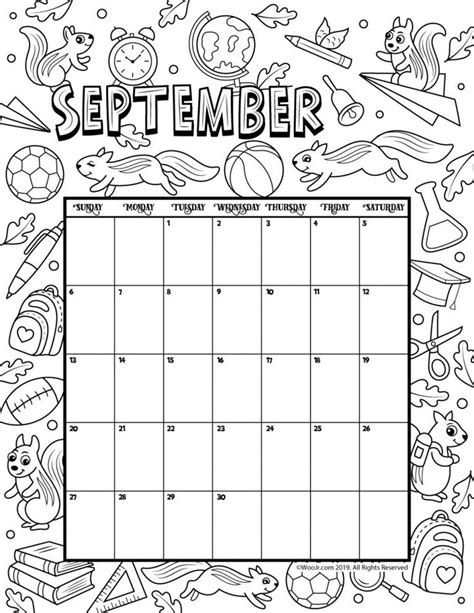 September 2020 Coloring Calendar Woo Jr Kids Activities Children