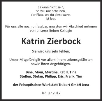 Traueranzeigen Von Katrin Zierbock Trauer In Thueringen De