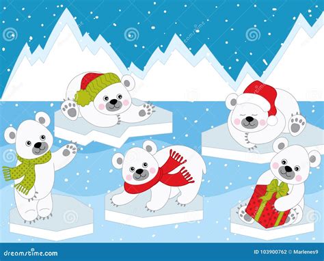 Vector Set Of Cute Cartoon Christmas Polar Bears Stock Vector