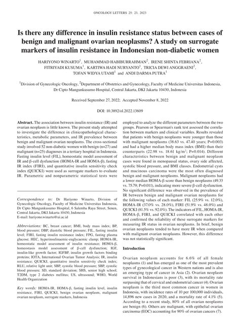 Pdf Is There Any Difference In Insulin Resistance Status Between Cases Of Benign And Malignant