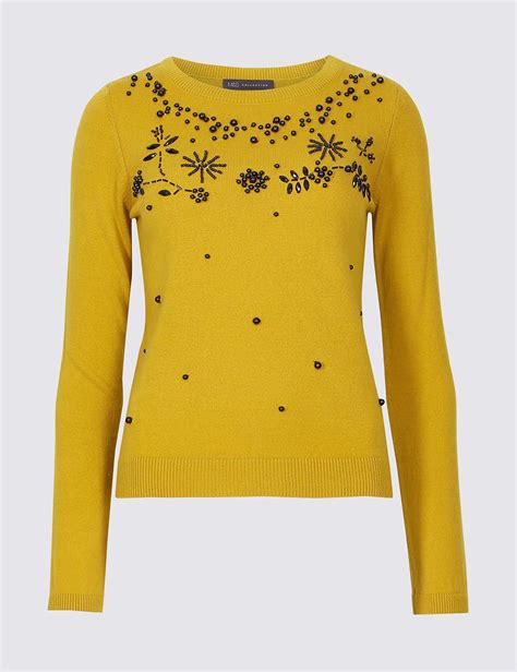 Marks Spencer Embellished Round Neck Long Sleeve Jumper In Yellow