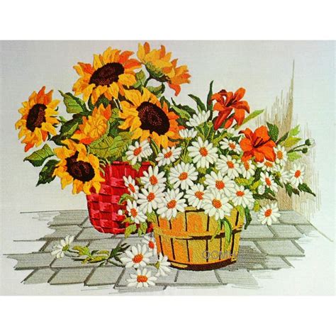 SUNFLOWER DAISY FLORAL Vintage Crewel Embroidery Kit Basket Of