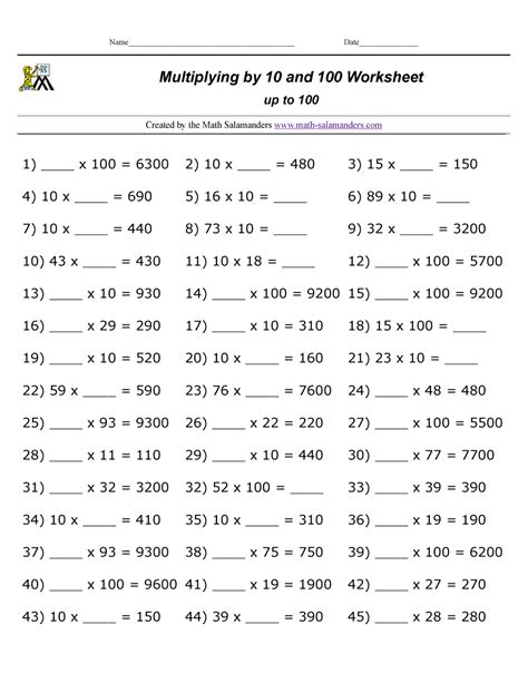 Multiplying By 10 And 100 Worksheets