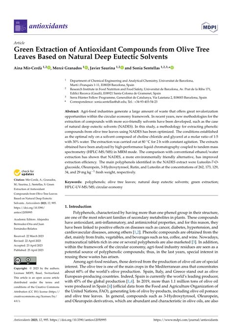 PDF Green Extraction Of Antioxidant Compounds From Olive Tree Leaves