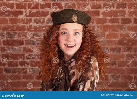 Red Haired Girl In Military Uniform Smiles Stock Image Image Of