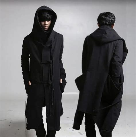 Mens Gothic Hooded Long Loose Trench Coat Jacket Punk Outwear Parka Cotton Blend Black In Trench