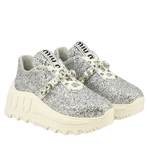 Miu Miu Glitter Sneakers With Rhinestones And Maxi Logo Sneakers Miu