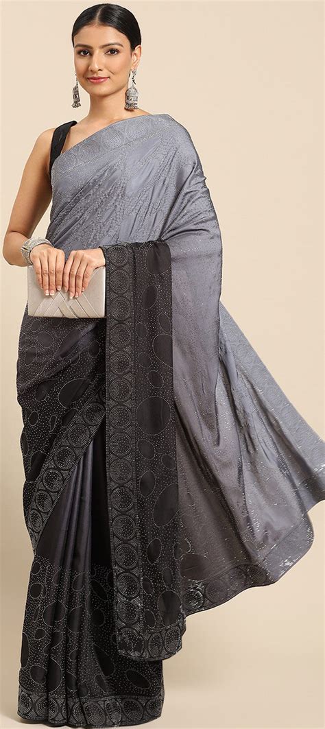 Festive Party Wear Black And Grey Color Satin Silk Fabric Saree 1834862