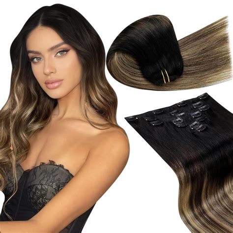 Laavoo Hair Extensions Real Human Hair Clip Ins Black Ombre Dark Brown Balayage