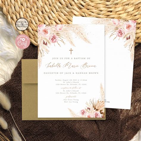 Pampas Grass Baptism Invitation Bohemian Baptism Invitation Printed Or Digital Instant Editable