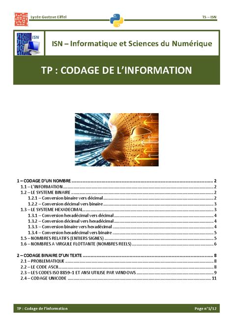 Tp Codage De Linformation Isn Informatique Et Sciences Du