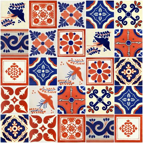 Pieces Mexican Talavera Tiles Handmade Terracotta Blue Mixed