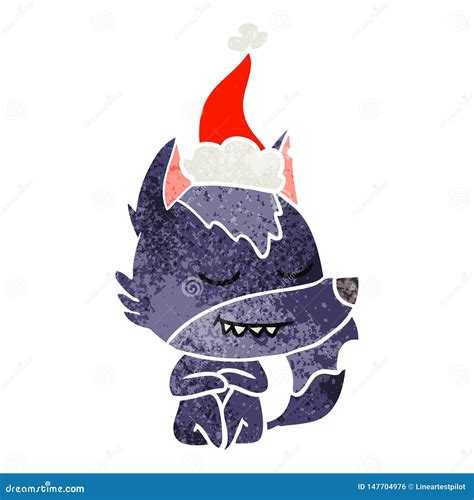 Friendly Retro Cartoon Of A Wolf Sitting Wearing Santa Hat Stock Vector