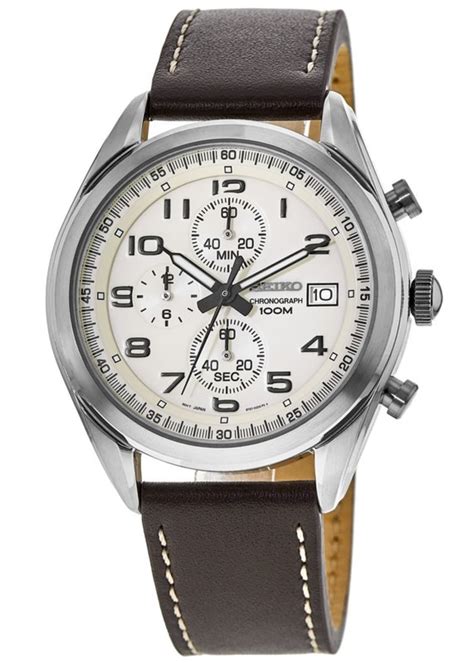 Seiko Chronograph Quartz Cream Dial Leather Strap Men S Watch Ssb P