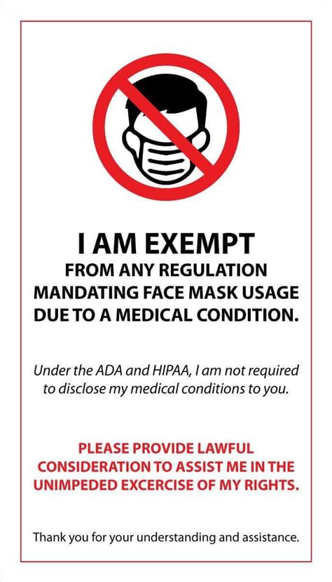 Face Mask Covering Medical Exemption Card Laminated Conners Clinic Conners Clinic