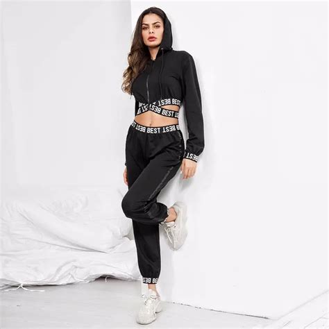 Women Two Piece Black Tracksuit Set Letter Print High Waist Top And