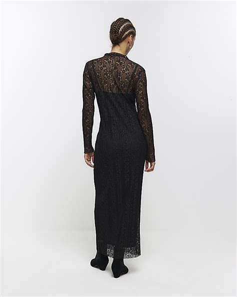 Black Lace Slip Midi Dress River Island