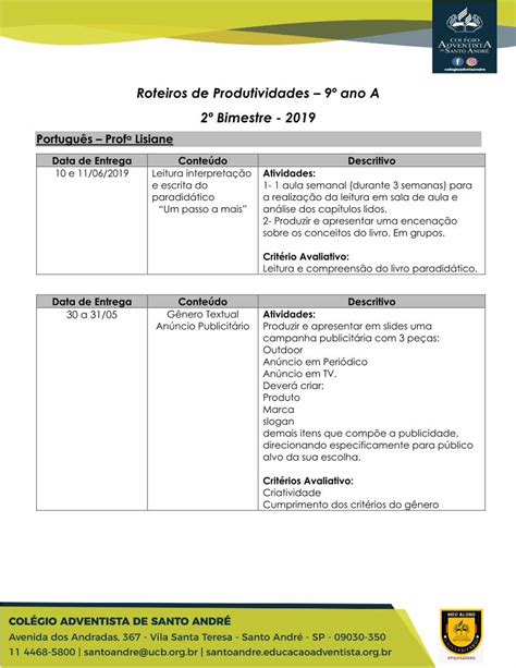 PDF Roteiros de Produtividades 9º ano A 2º Bimestre Português