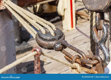 Sailing Ship Lines Pulleys And Securing Equipment Tied Down For The