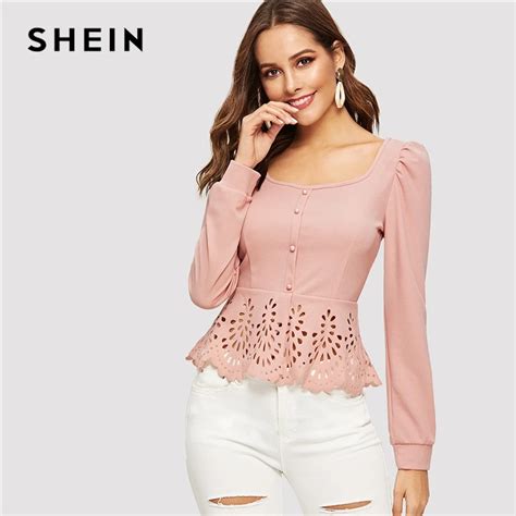 Shein Pink Button Up Hollow Out Square Collar Peplum Hem Puff Sleeve