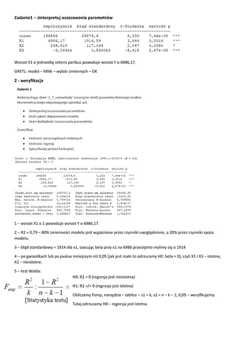Zadania ekonometria Zadanie1 zinterpretuj oszacowania parametrów