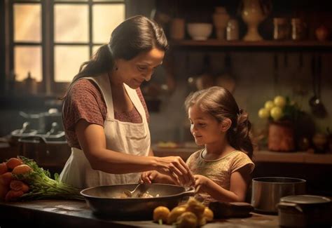 Retrato Fotogr Fico De Una Madre Joven Y Su Hija Cocinando Juntos En La