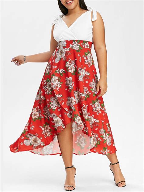 Rosegal Plus Size Floral Print Tie Shoulder High Low Dress In 2020