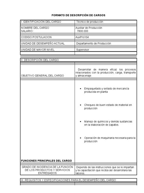 Formato De Descripci N De Cargos