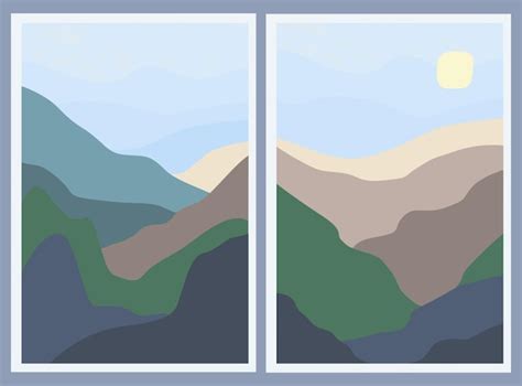 Conjunto De Duas Paisagens Minimalistas Montanhas Abstratas E Sol No