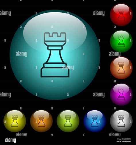 White Chess Rook Icons In Color Illuminated Spherical Glass Buttons On