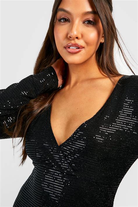 Womens Sequin Long Sleeve Wrap Mini Dress Boohoo Uk