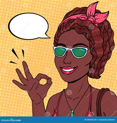 Pop Art African American Woman Smiling And Showing Ok Hand Sign Speech