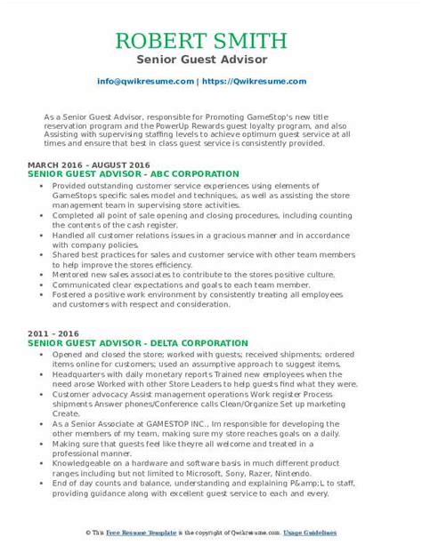 Senior Guest Advisor Resume Samples Qwikresume
