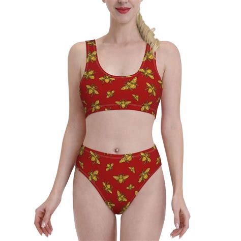 Logiee Hohey Bee Golden Print Women S Piece Bikini Set Halter Bathing Suit High Waisted Bikini