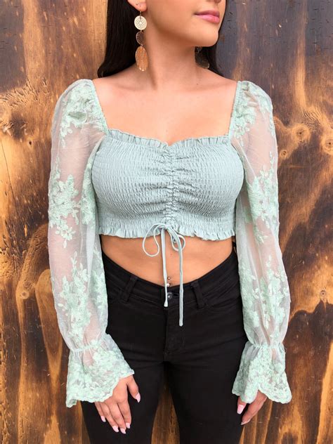 Sasha ” Ruched Sheer Lace Long Sleeve Crop Top Mint Ale Accessories