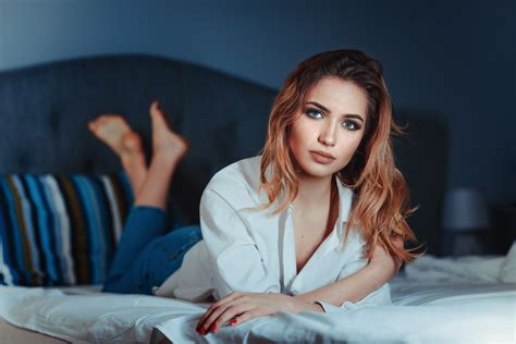 Wallpaper Women Redhead Jeans Red Nails Shirt In Bed Blue Eyes