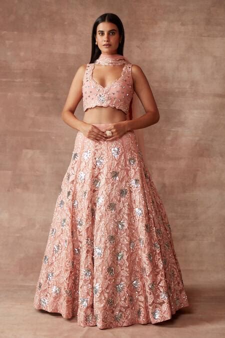 Buy Pink Tulle Embroidery Sequin And Cutdana V Neck Bloom Bridal