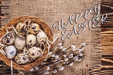 Happy Easter Background With Eggs In A Basket And Pussy Willow Stock Image Image Of Branch