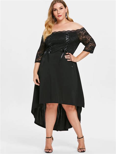 Wipalo Plus Size Lace Up High Low Off The Shoulder Dress Elegant Solid