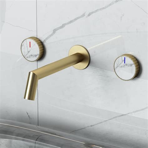 Modern Wall Mount Tub Filler Faucet Triple Knobs And Handshower In White And Gold Homary