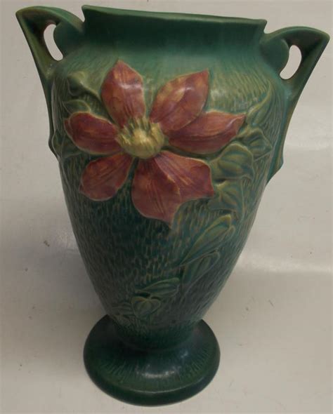 Antique Roseville Green Clematis Double Handle Vase 111 10 Art Pottery