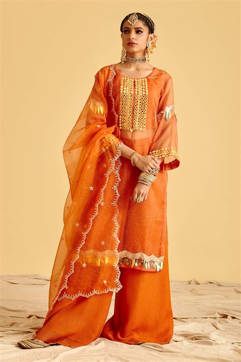 Buy Orange Kurta Bandhani Print Organza Embroidery Mirror Bandhej Set